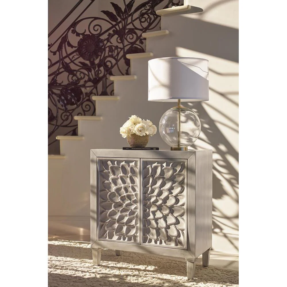 Accent Cabinet With Floral Carved Door - Beige