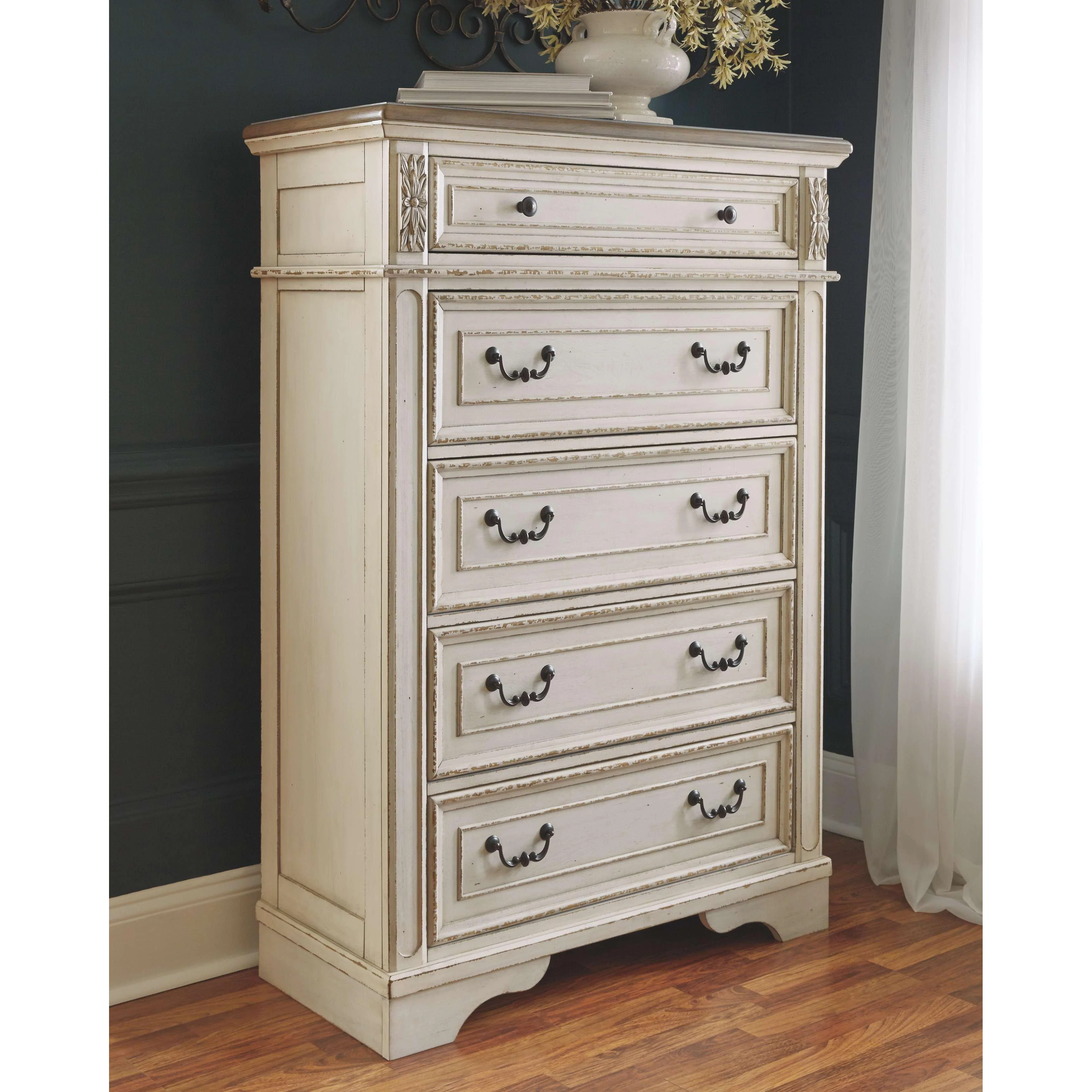 Ashley Realyn Five Drawer Chest in White /Brown /Beige - Image 31