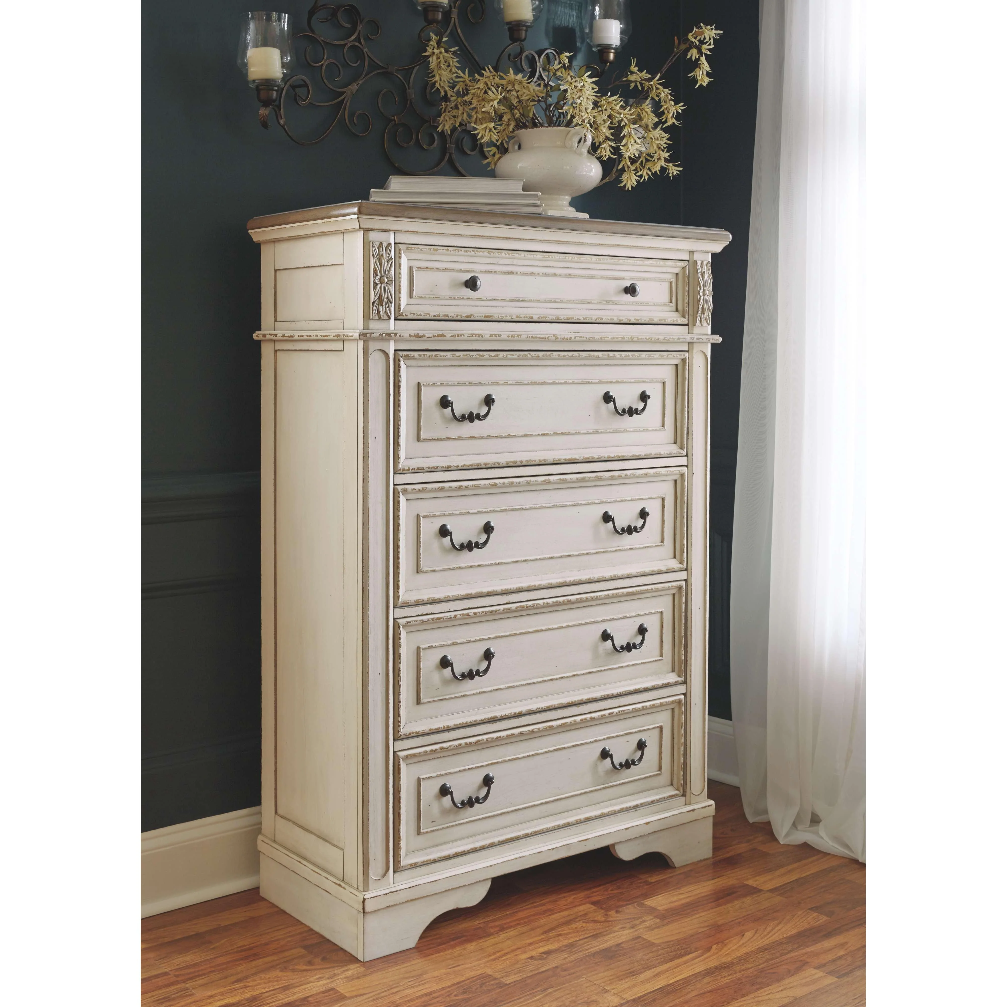 Ashley Realyn Five Drawer Chest in White /Brown /Beige - Image 35
