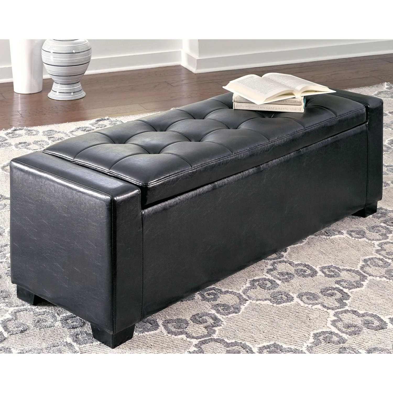 Benches - Black - Upholstered Storage Bench - Faux Leather - Image 6