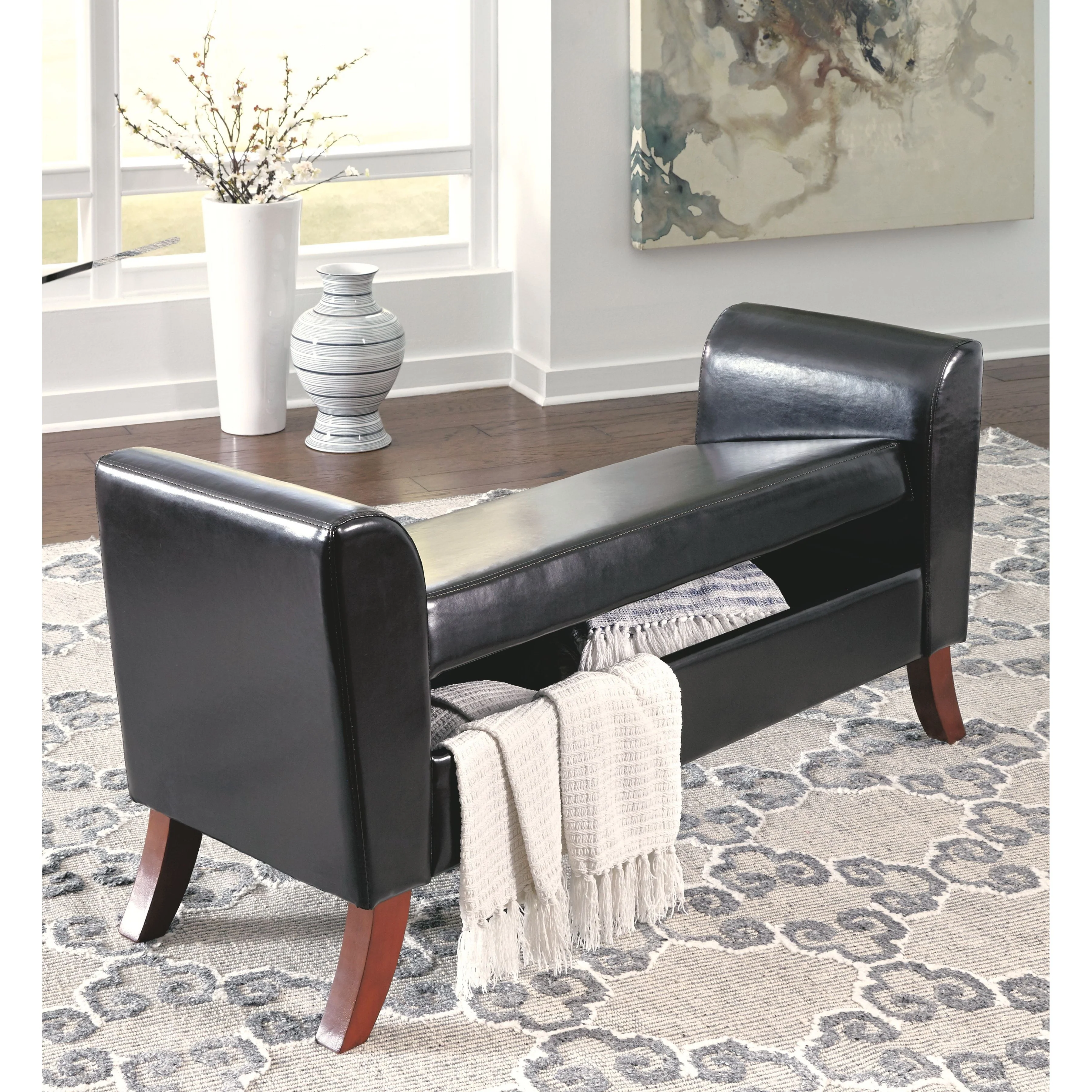 Benches - Brown Dark - Upholstered Storage Bench - Curved Legs & Flared Ends - Image 2