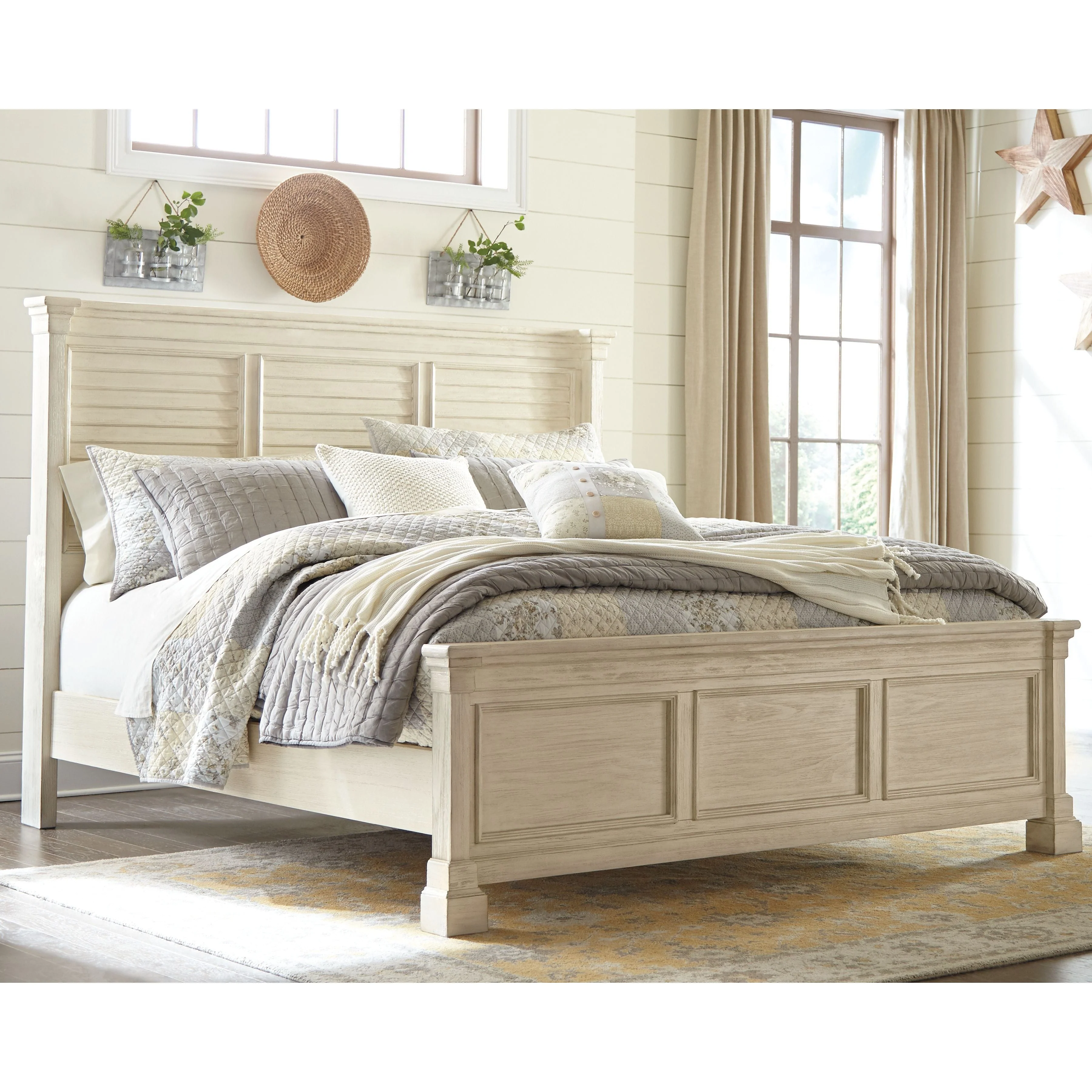 Bolanburg - Antique White - King Panel Bed - Louvered Headboard