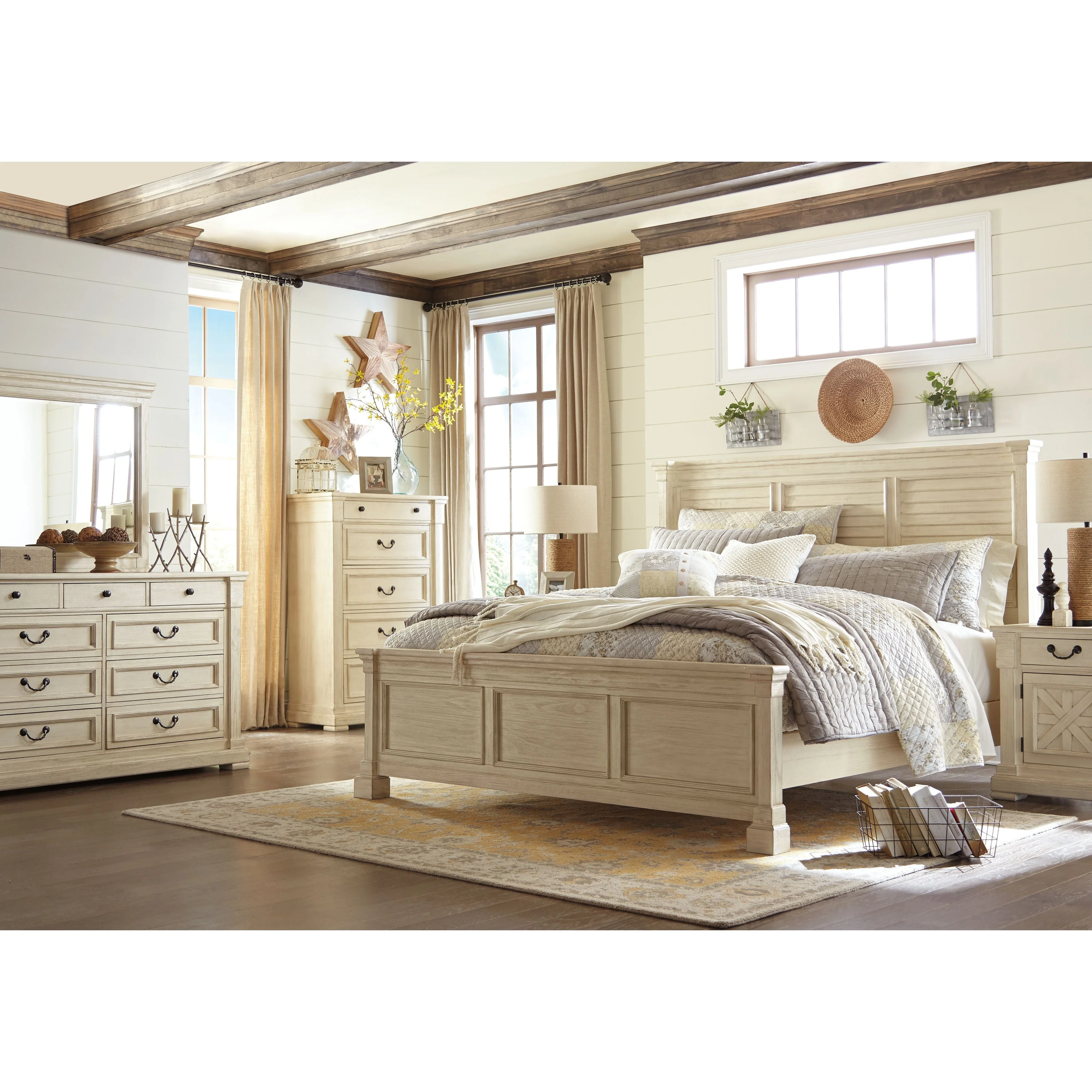 Bolanburg - Antique White - King Panel Bed - Louvered Headboard - Image 3