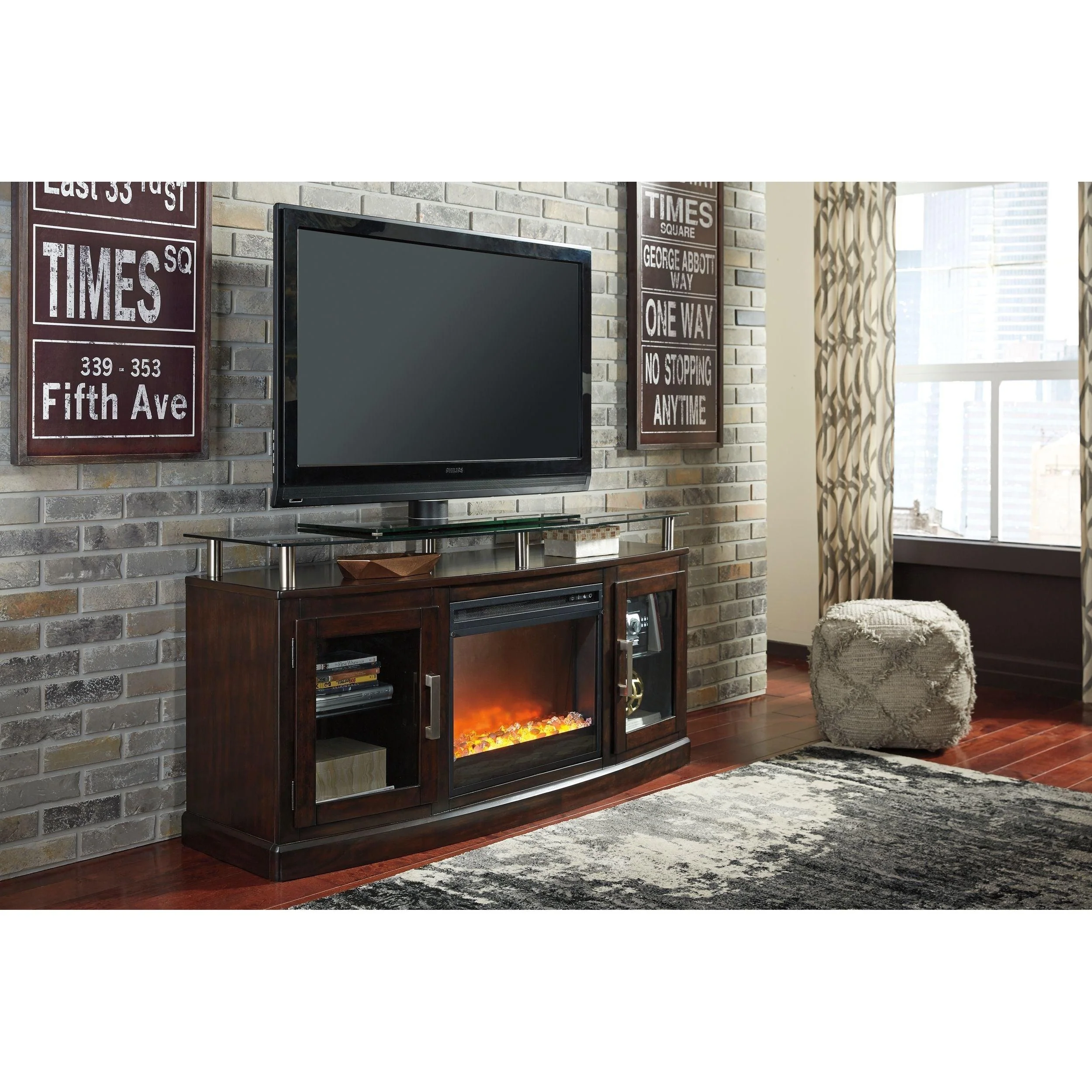 Chanceen - Dark Brown - 2 Pc. - 60" Tv Stand With Fireplace Insert Glass/stone