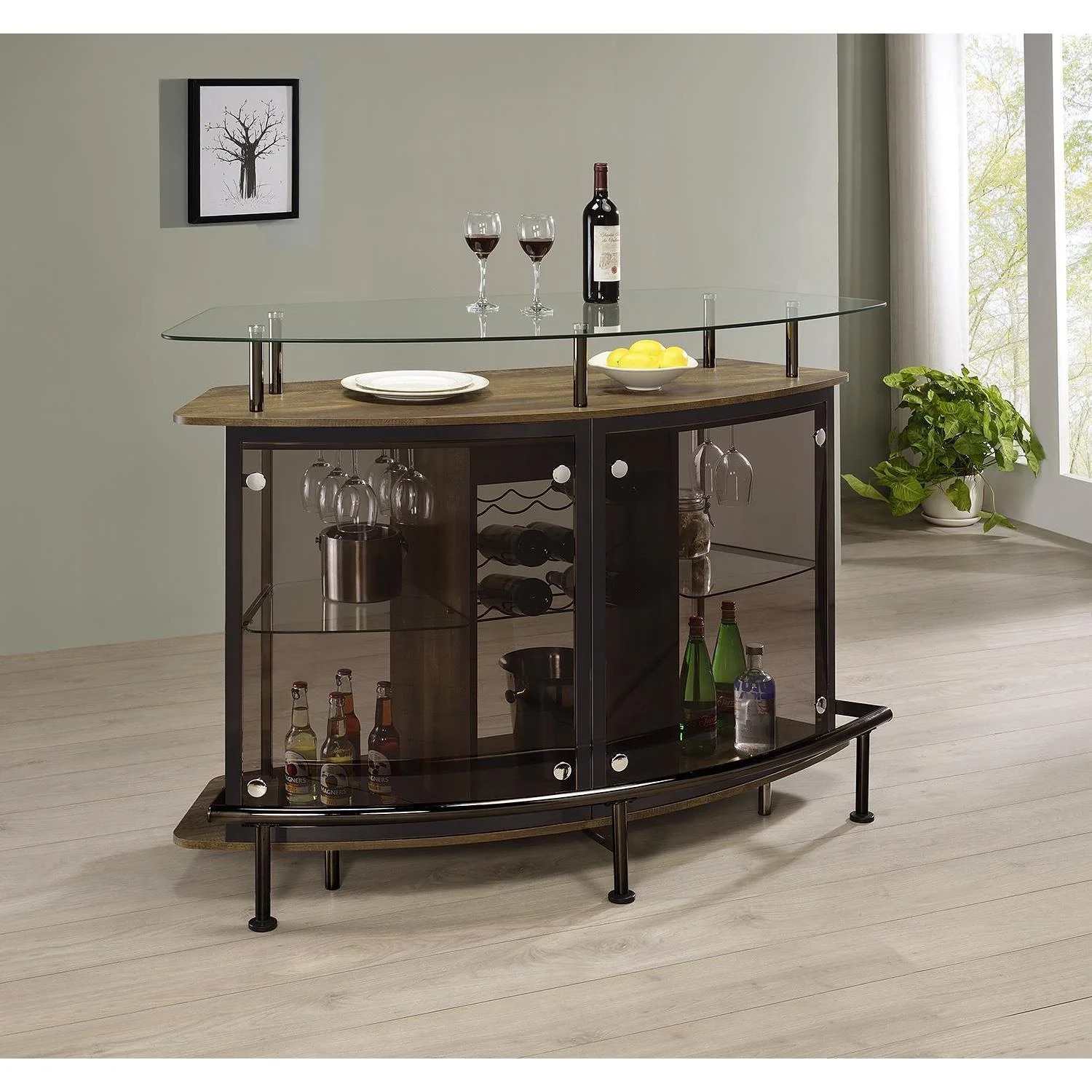 Crescent Shaped - Brown - Glass Top Bar Unit With Drawer