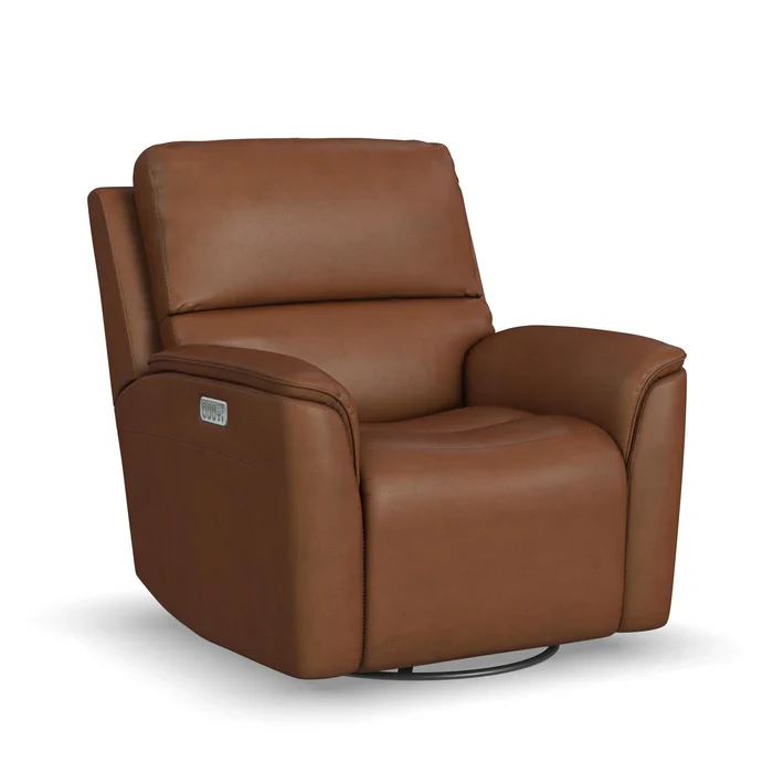 Flexsteel Henry Leather Power Swivel Gliding Recliner with Power Headrest, Lumbar, Heat & Massage in Caramel - Image 16