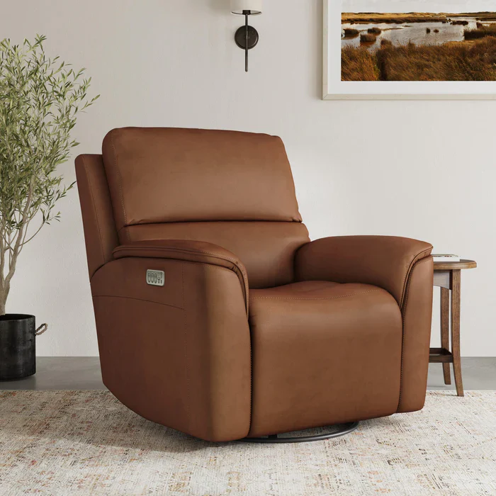 Flexsteel Henry Leather Power Swivel Gliding Recliner with Power Headrest, Lumbar, Heat & Massage in Caramel - Image 8