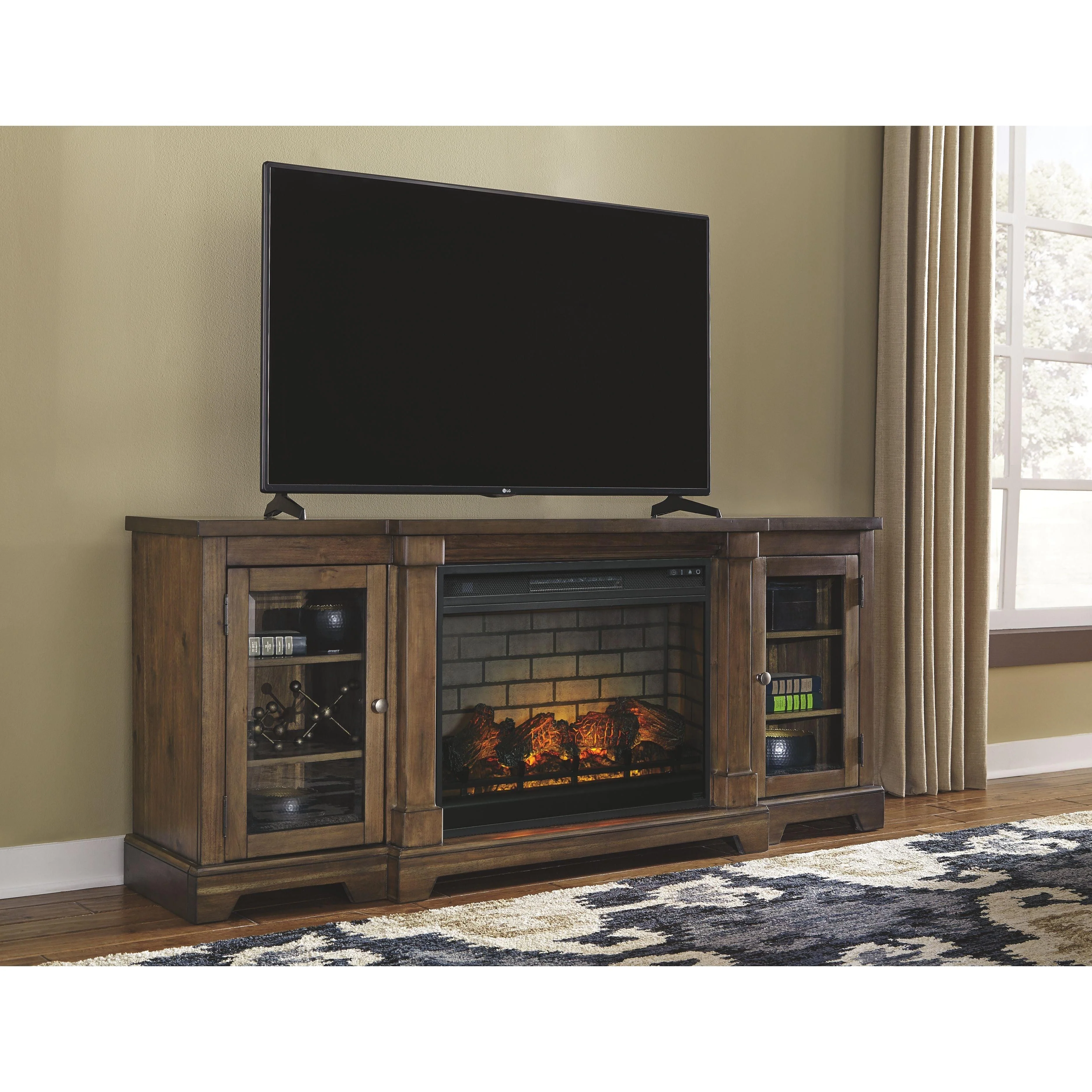 Flynnter - Medium Brown - 2 Pc. - 75" Tv Stand With Electric Infrared Fireplace Insert