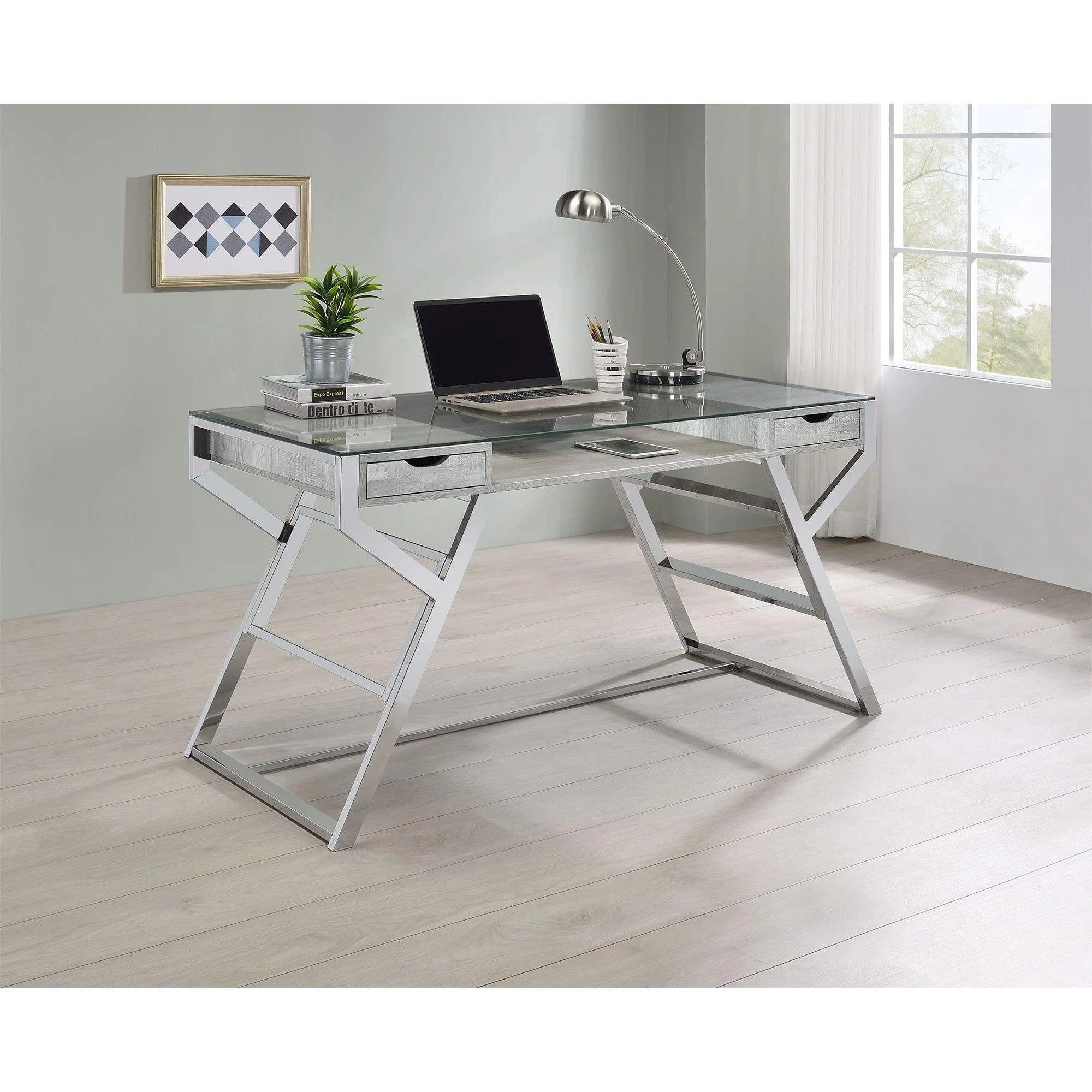 Glass Top Writing Desk - Pearl Silver