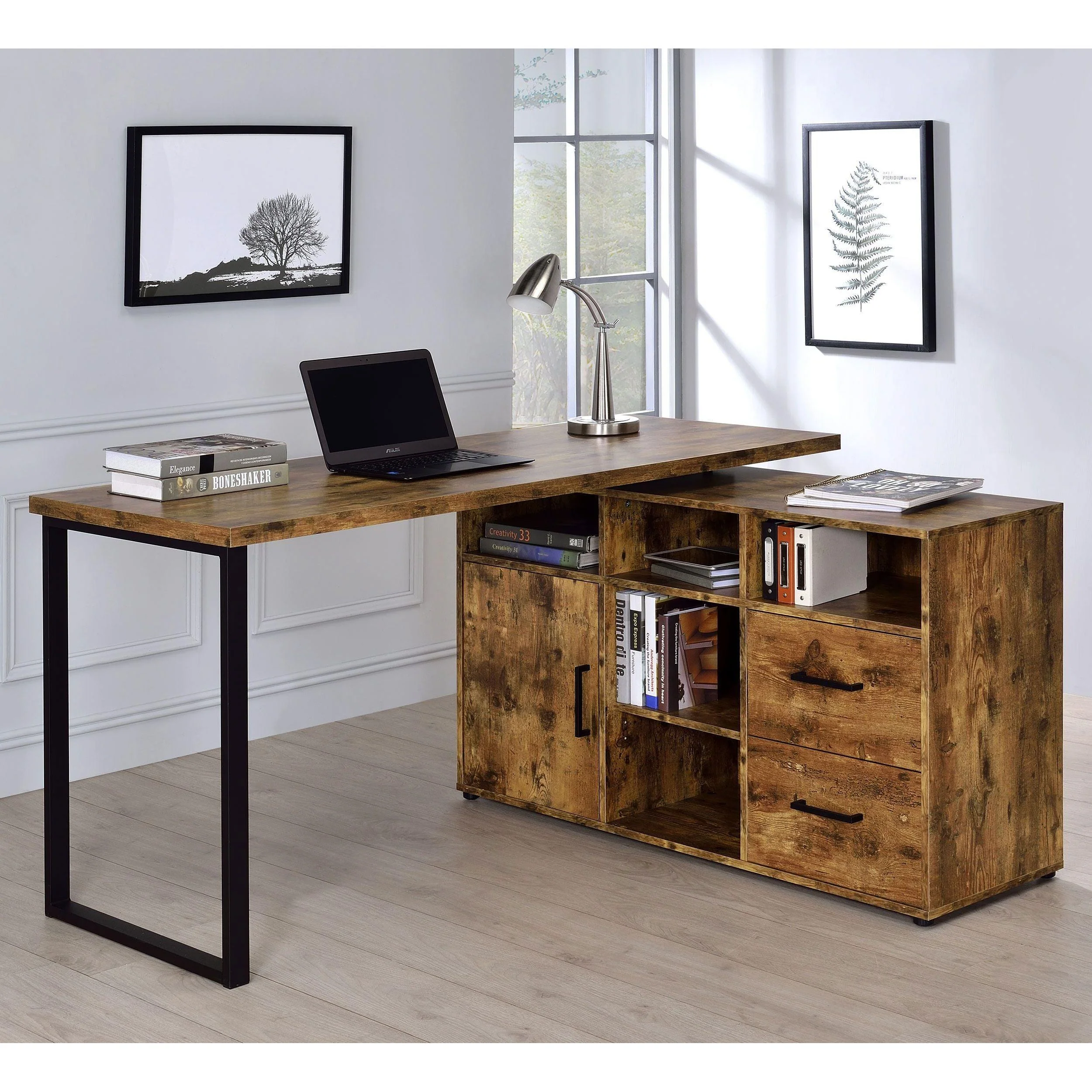 Hertford - L-shape Office Desk With Storage - Antique Nutmeg
