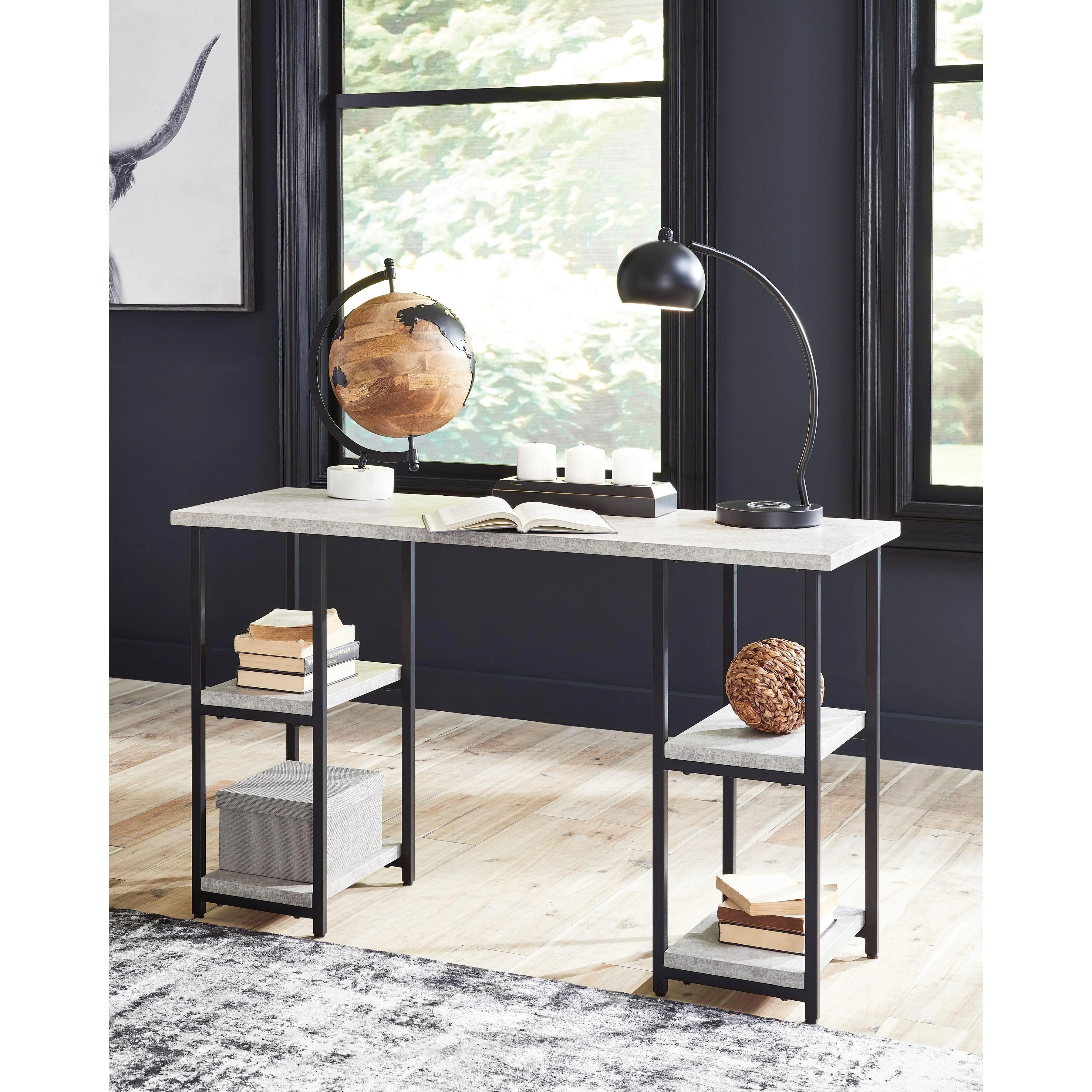 Lazabon - Gray/black - Home Office Desk - Double-shelf Pedestal - Image 2