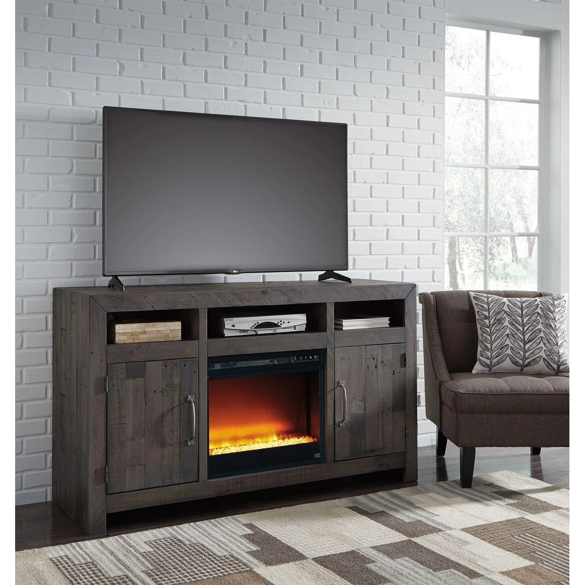 Mayflyn - Charcoal - 2 Pc. - 62"  Tv Stand With Fireplace Insert Glass/stone