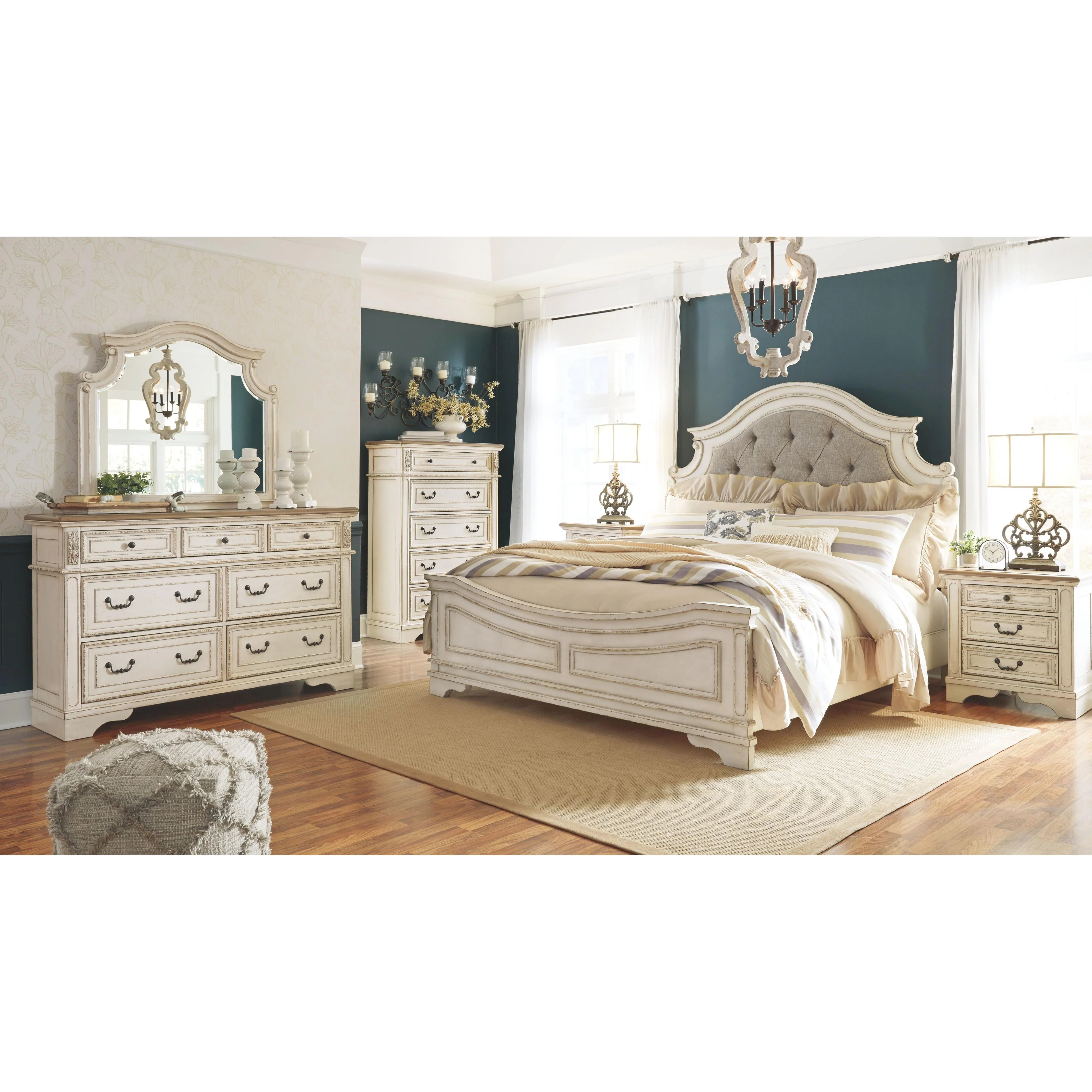 Ashley Realyn Upholstered Headboard Chipped White Panel Bedframe in King - Image 27