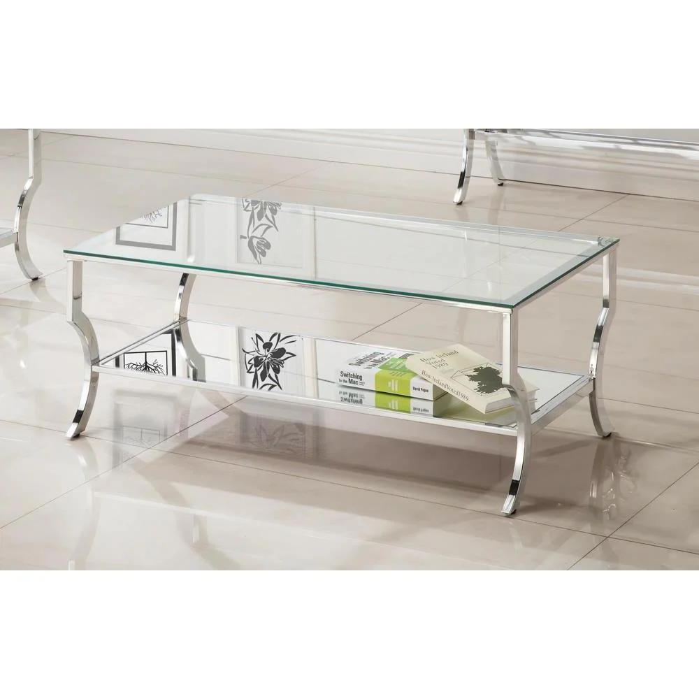Rectangular Coffee Table With Mirrored Shelf - Pearl Silver