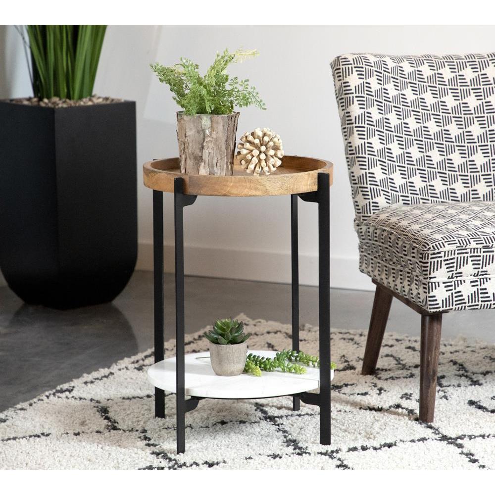 Round Accent Table With Marble Shelf - Light Brown