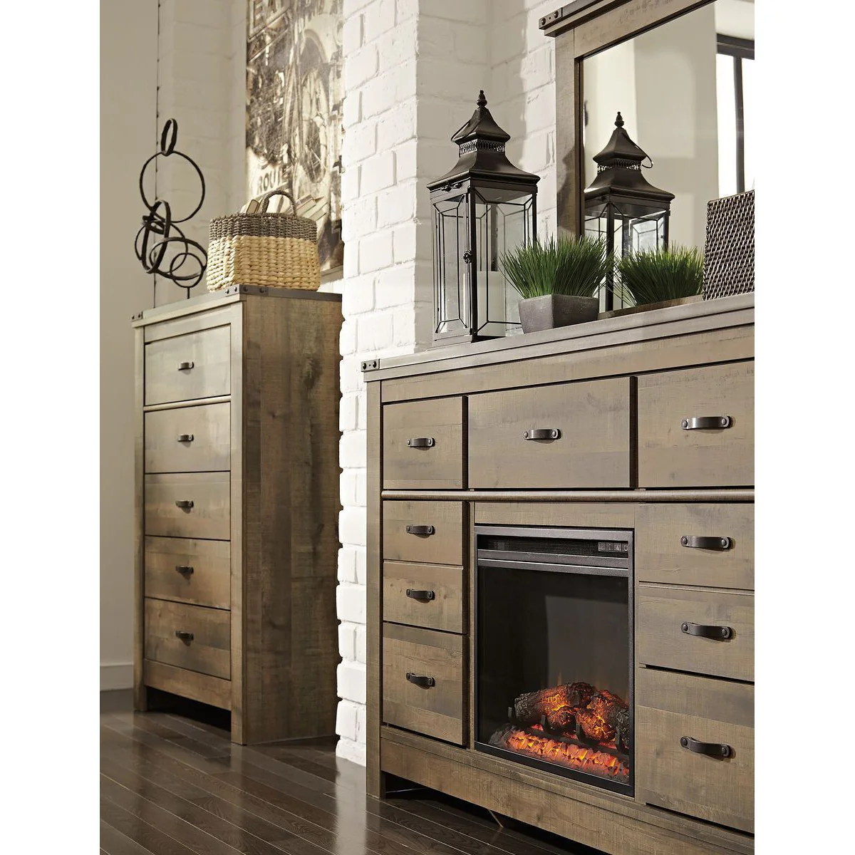 Trinell - Brown - 2 Pc. - Dresser With Fireplace Insert Glass/stone - Image 5