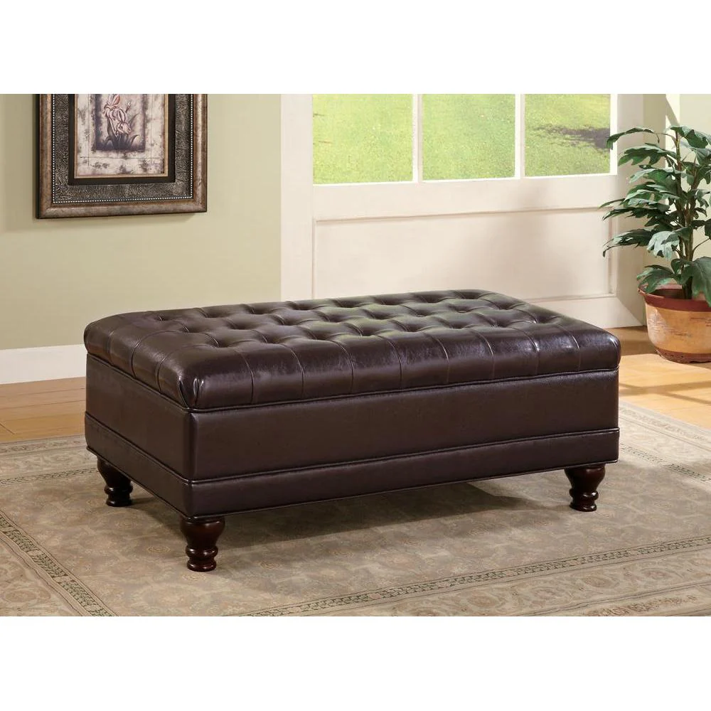 Tufted Storage Ottoman With Turned Legs - Brown