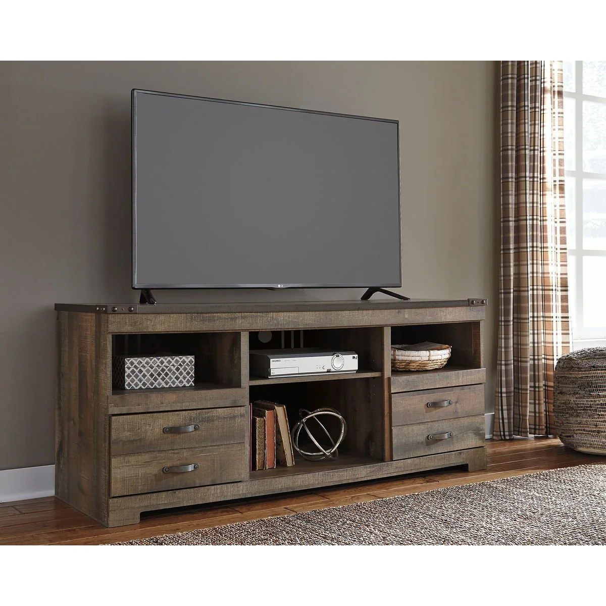 Ashley Trinell Large Tv Stand w/Fireplace Option in Brown (63.39"W x 19.61"D x 26.22"H)