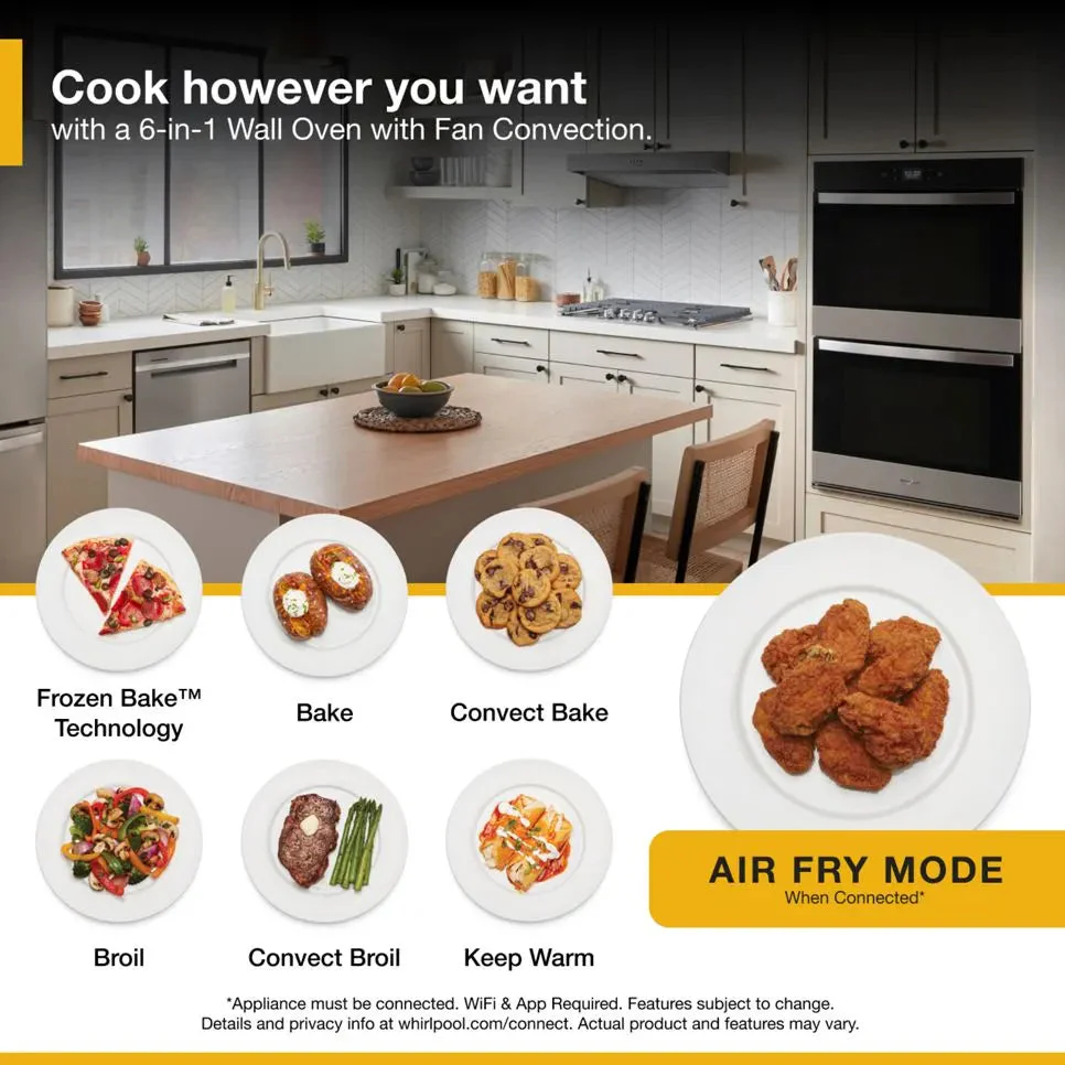 Whirlpool 30 Inch Double Electric Smart Wall Oven with 10.0 cu. ft. Fan Convection Ovens, Steam Clean, Air Fry, Frozen Bake™, Rapid Preheat, WiFi, and Star K: Fingerprint Resistant Stainless Steel - Image 12