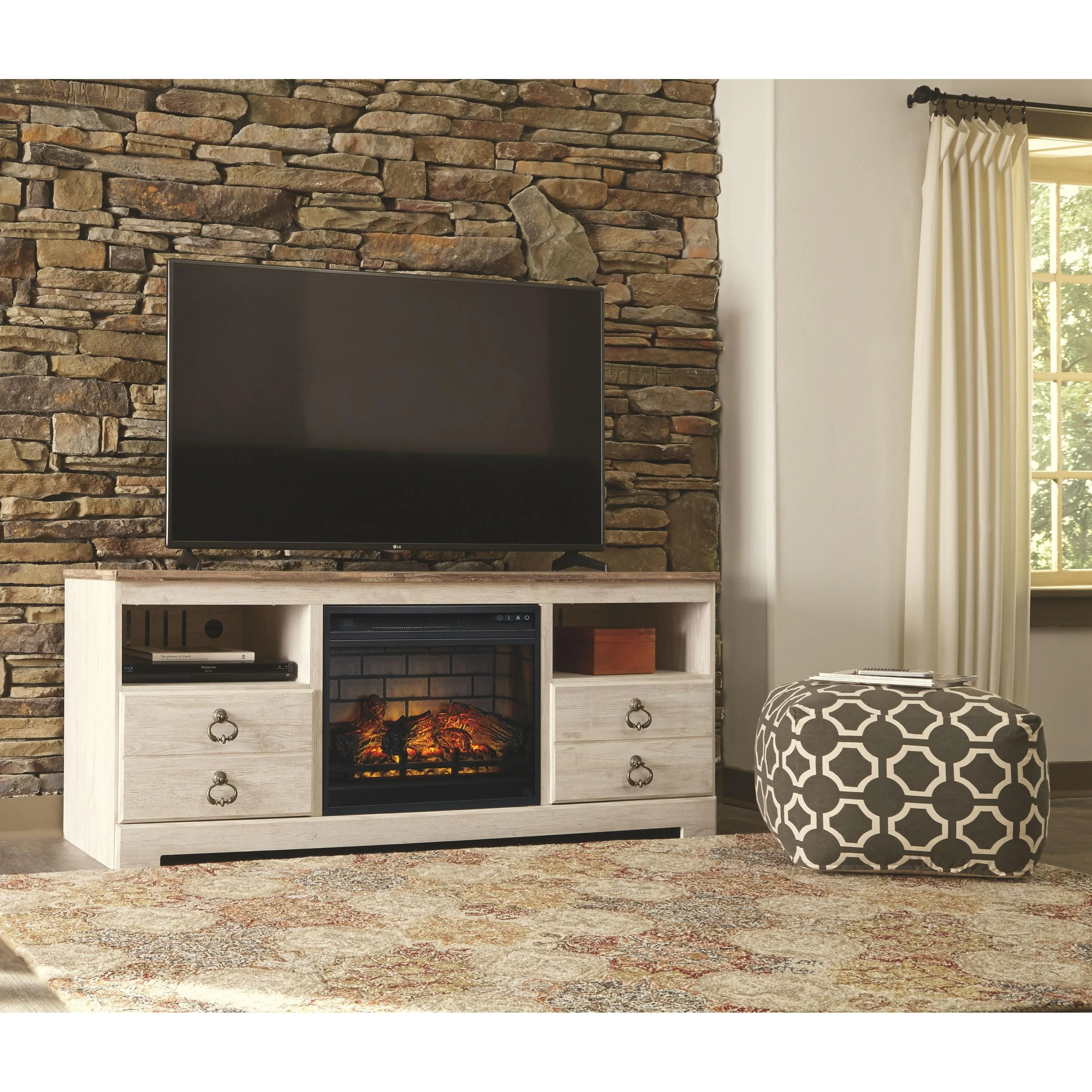 Willowton - Whitewash - 2 Pc. - 64" Tv Stand With Faux Firebrick Fireplace Insert - Image 4