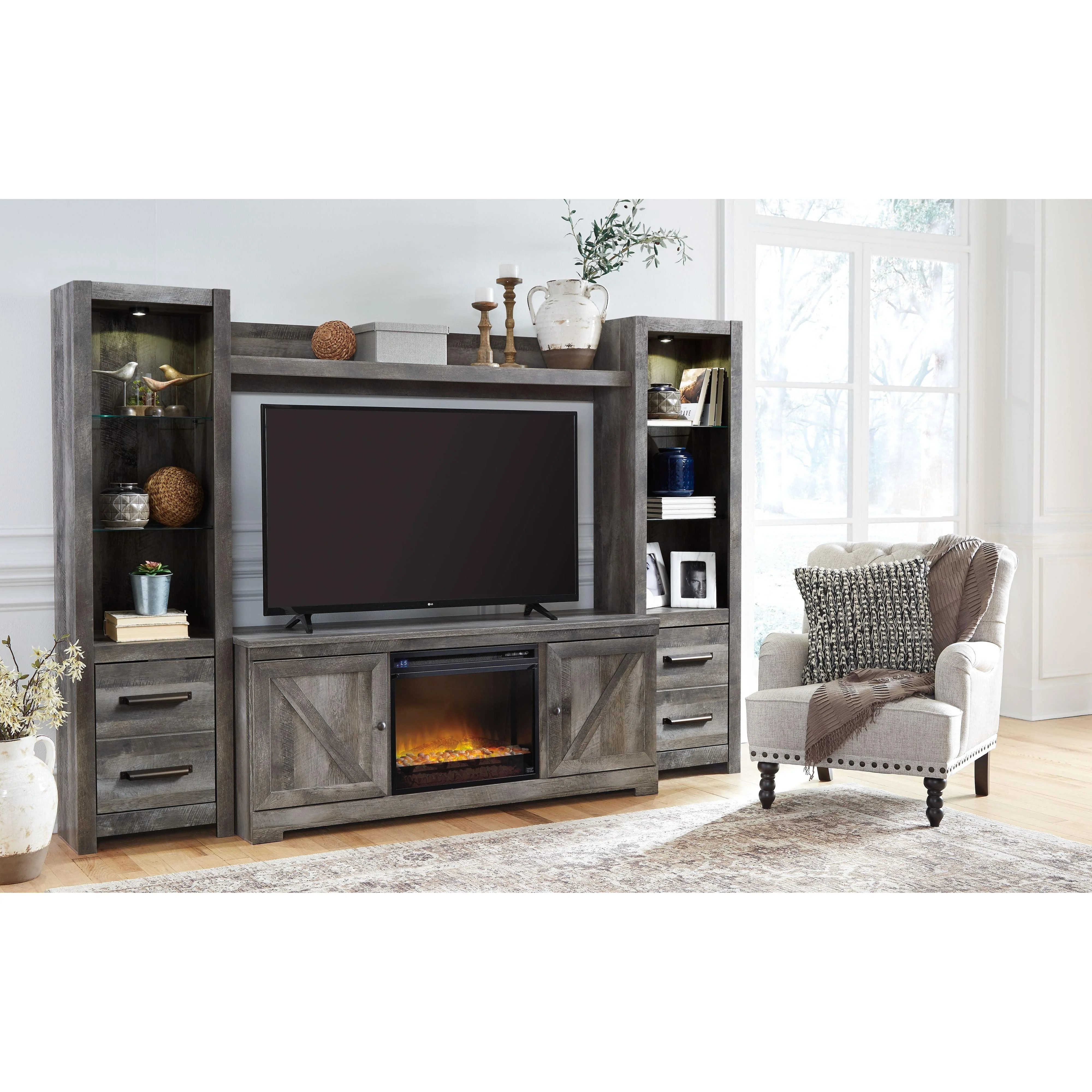 Wynnlow - Gray - 5 Pc. - Entertainment Center - 63" Tv Stand With Fireplace Insert Glass/stone