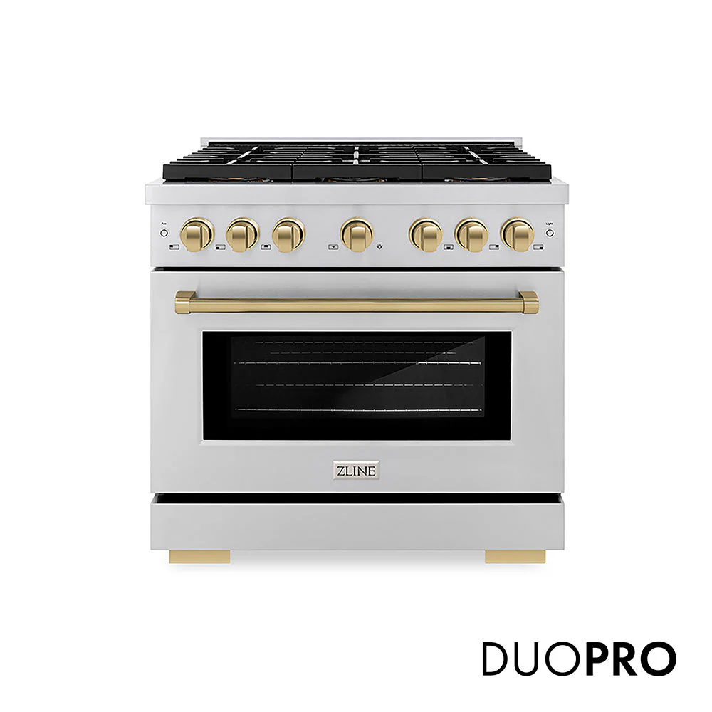 Zline Autograph Edition 36" 5.2 CuFt Paramount Dual Fuel Gas Range w6 Burners in Stainless Steel w/Champagne Bronze Accents